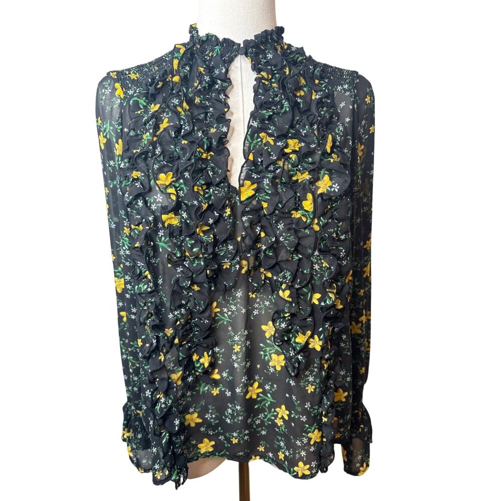 ZARA Basic Collection XS Womens Black Yellow Green Floral Ruffle Blouse